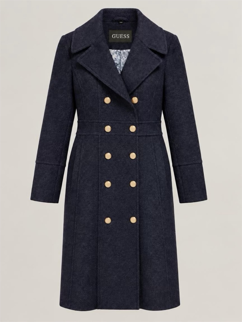 GUESS Navy Double-Breasted Gold-Button Long Pea Coat